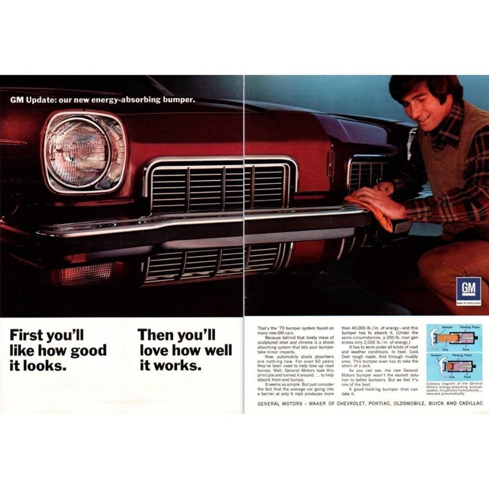 1973 GM General Motors Chrome Bumper 2pg Vintage Print Ad Man Cave Wall Art